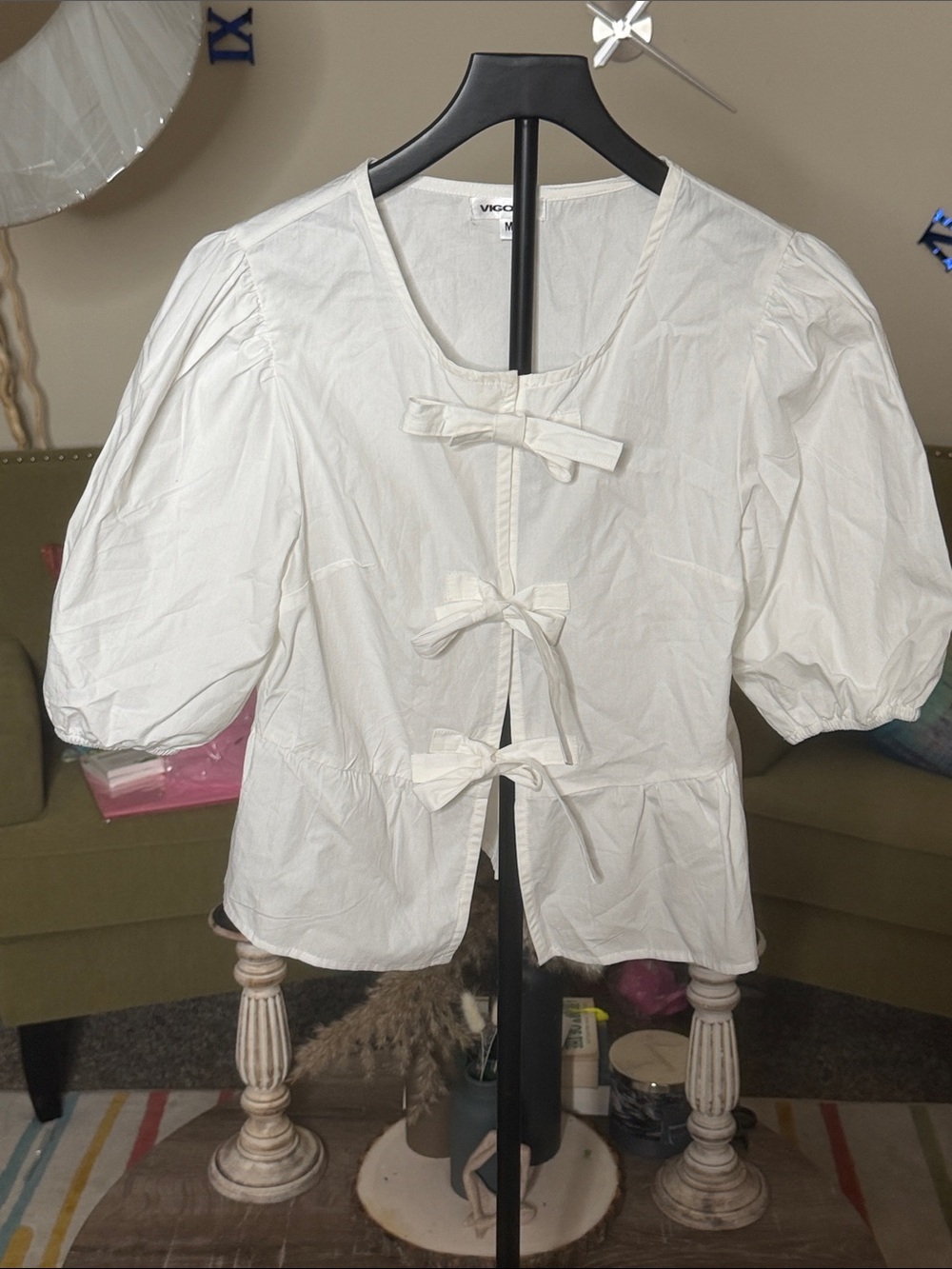 White Puff Sleeve Bow-Front Blouse